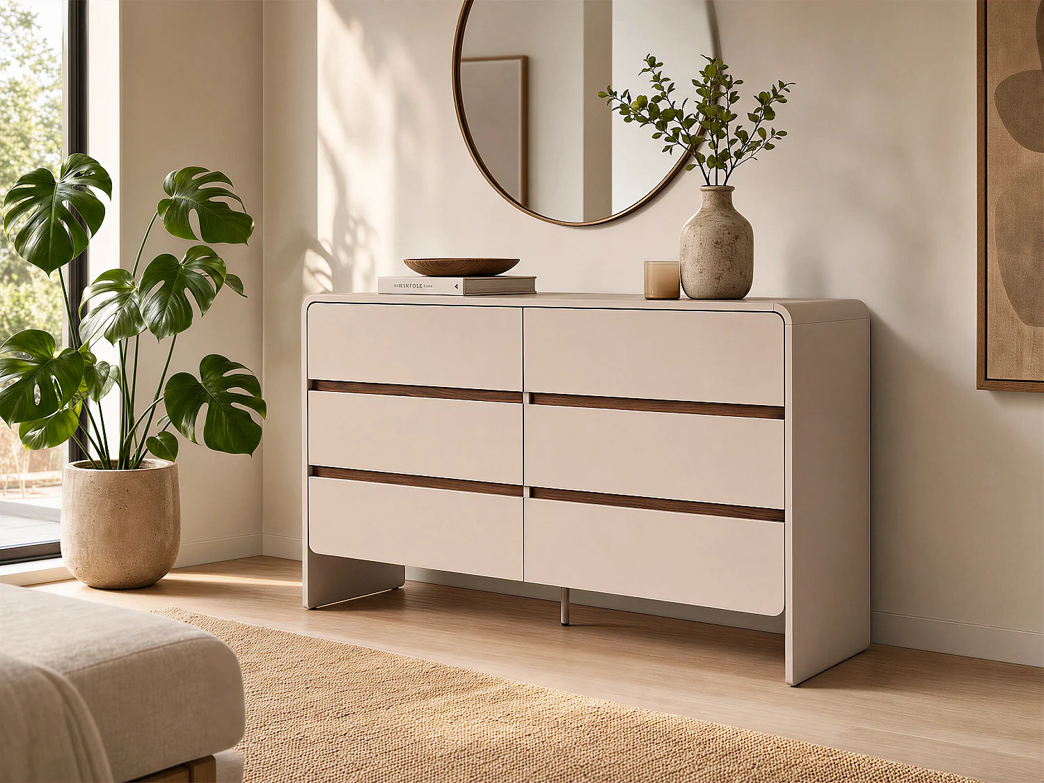 Commode 6 tiroirs - Beige et naturel foncé - DYSARA