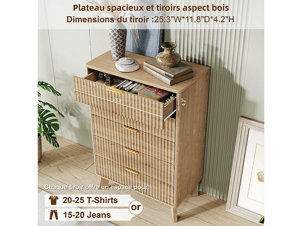 Organisateur d'armoire de stockage - 73 x 40 x 108 cm - Conception de panneau rainé avec 5 tiroirs - Bois