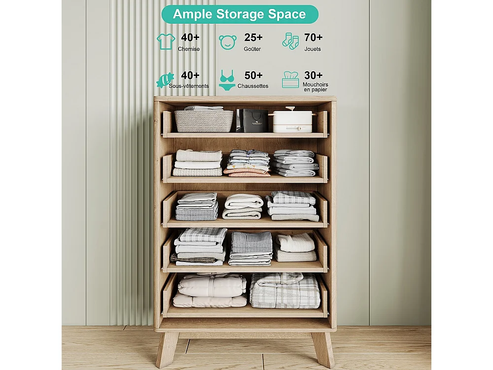 Organisateur d'armoire de stockage - 73 x 40 x 108 cm - Conception de panneau rainé avec 5 tiroirs - Bois
