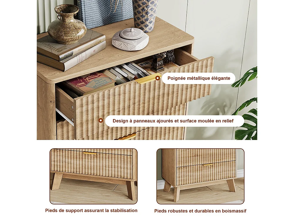Organisateur d'armoire de stockage - 73 x 40 x 108 cm - Conception de panneau rainé avec 5 tiroirs - Bois
