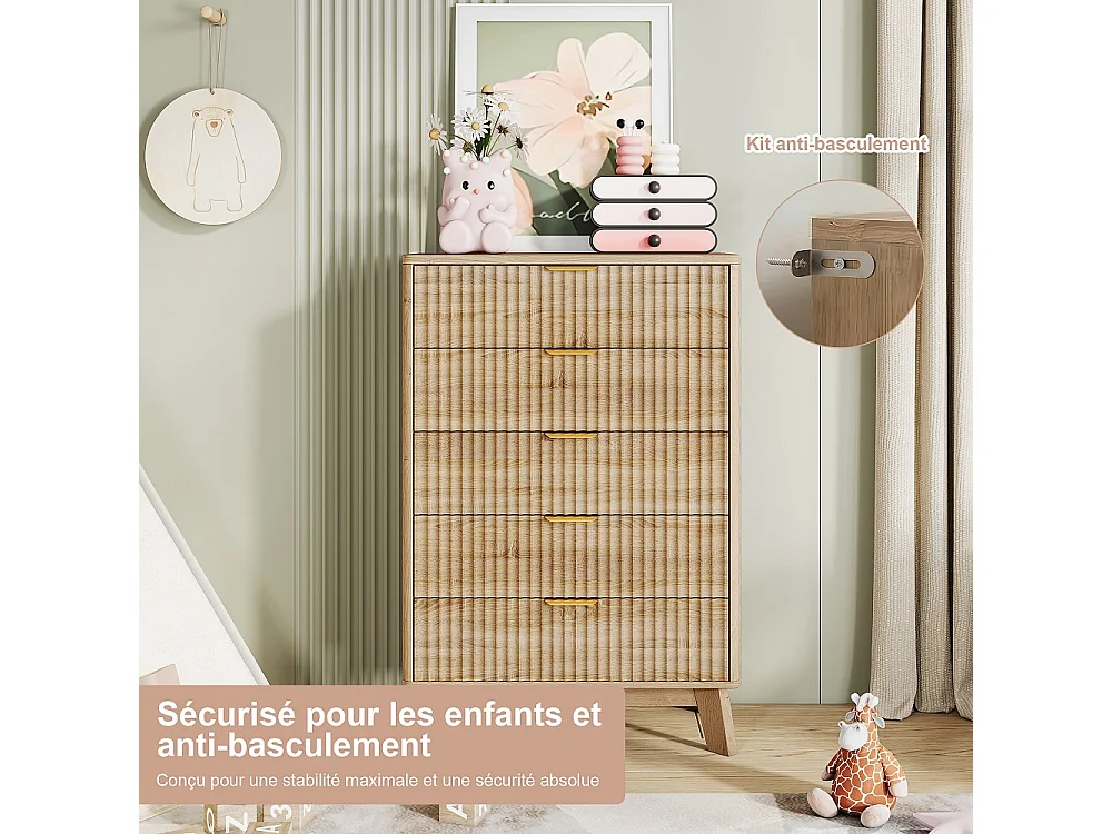 Organisateur d'armoire de stockage - 73 x 40 x 108 cm - Conception de panneau rainé avec 5 tiroirs - Bois