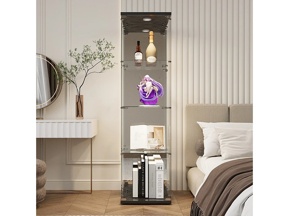 Affichage autonome - 36.5 x 42.5 x 164 cm - avec 1 porte 4 étagères et éclairage LED - Verre trempé - noir