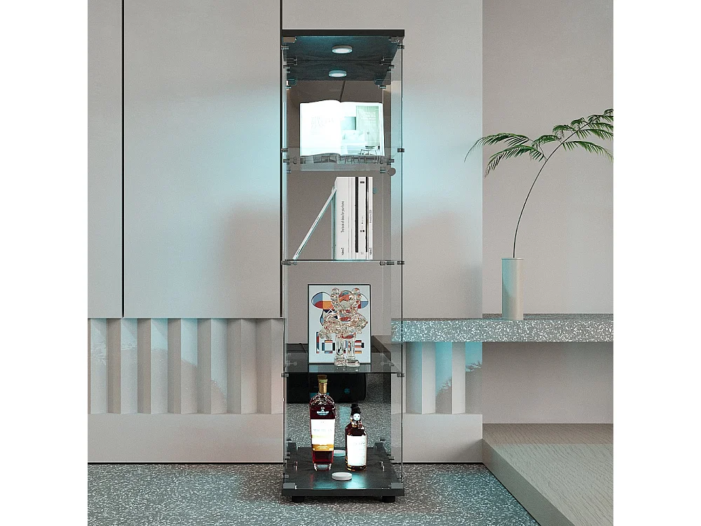 Affichage autonome - 36.5 x 42.5 x 164 cm - avec 1 porte 4 étagères et éclairage LED - Verre trempé - noir