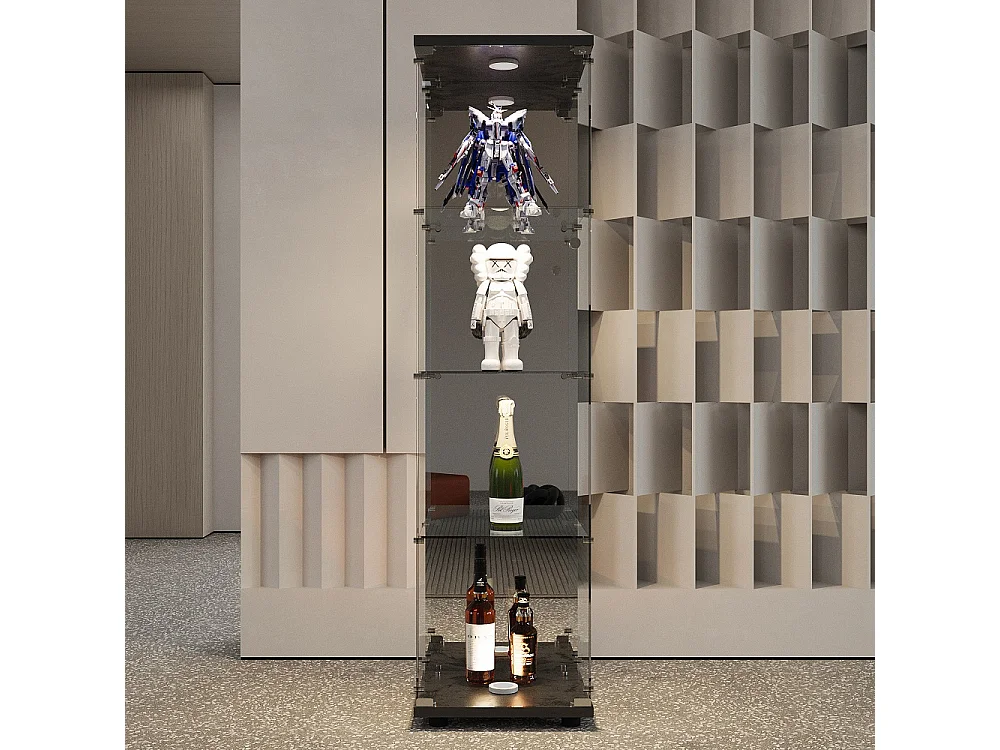 Affichage autonome - 36.5 x 42.5 x 164 cm - avec 1 porte 4 étagères et éclairage LED - Verre trempé - noir
