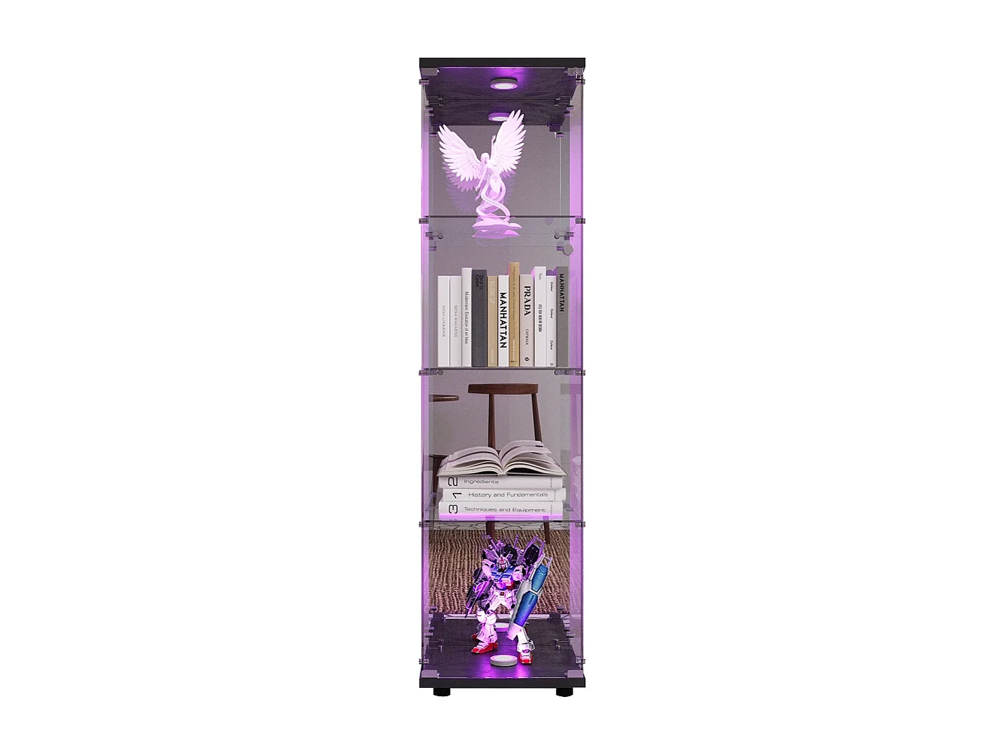 Affichage autonome - 36.5 x 42.5 x 164 cm - avec 1 porte 4 étagères et éclairage LED - Verre trempé - noir