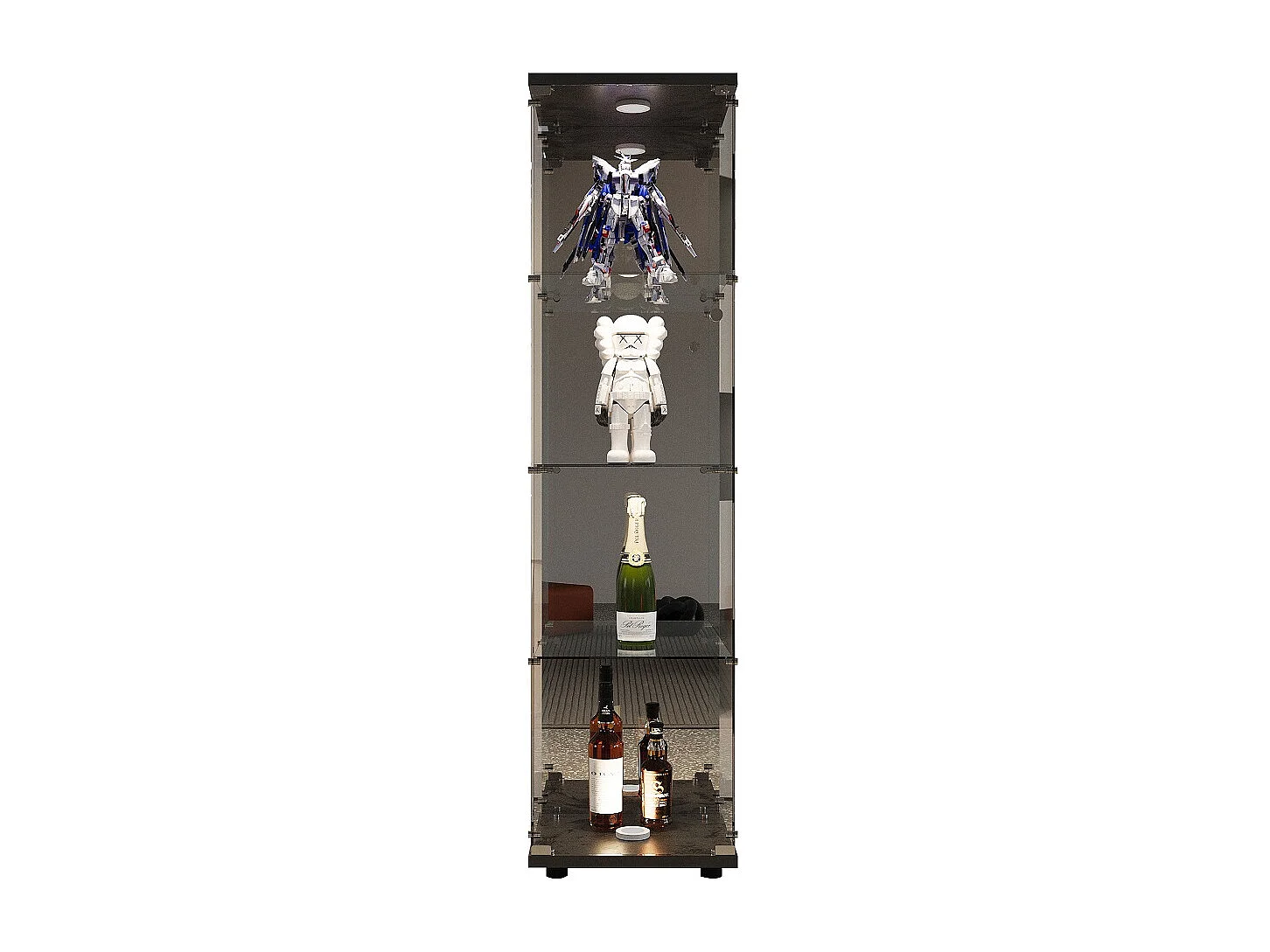 Affichage autonome - 36.5 x 42.5 x 164 cm - avec 1 porte 4 étagères et éclairage LED - Verre trempé - noir