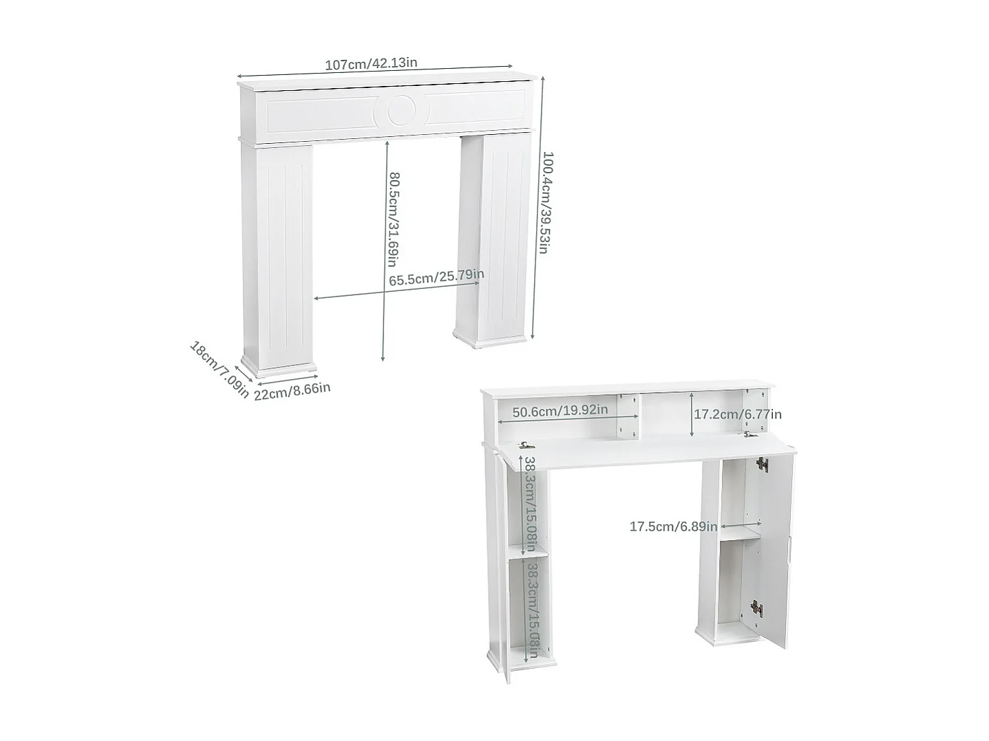 Console de cheminée - 107 x 19 x 100 cm - avec compartiment caché - Cadre en bois - Blanc