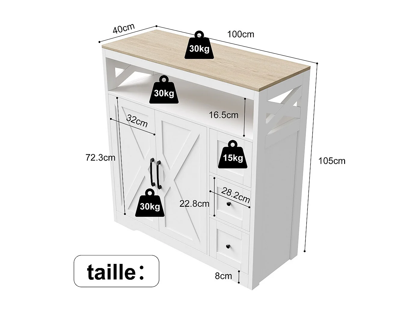 Armoire buffet cuisine - 100 x 40 x 105 cm - Couverture avec 3 tiroirs et 2 portes - MDF - blanc