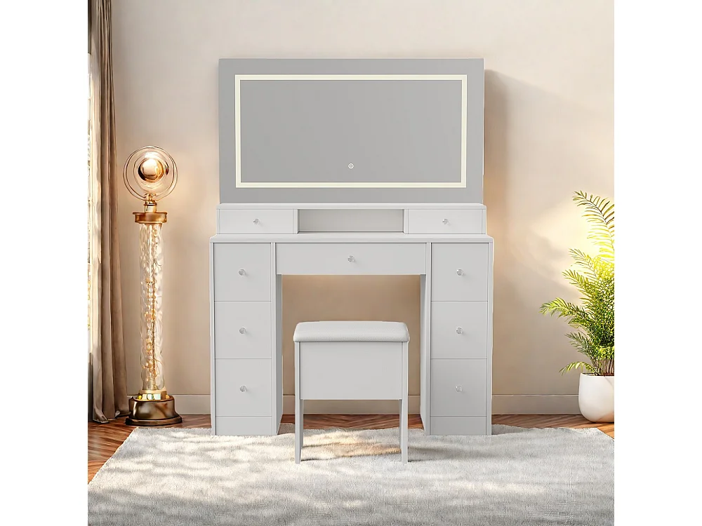 Grand dressing table - 150 x 110 x 40 cm - avec éclairage LED & miroir & 9 tiroirs et tabouret de maquillage - Blanc