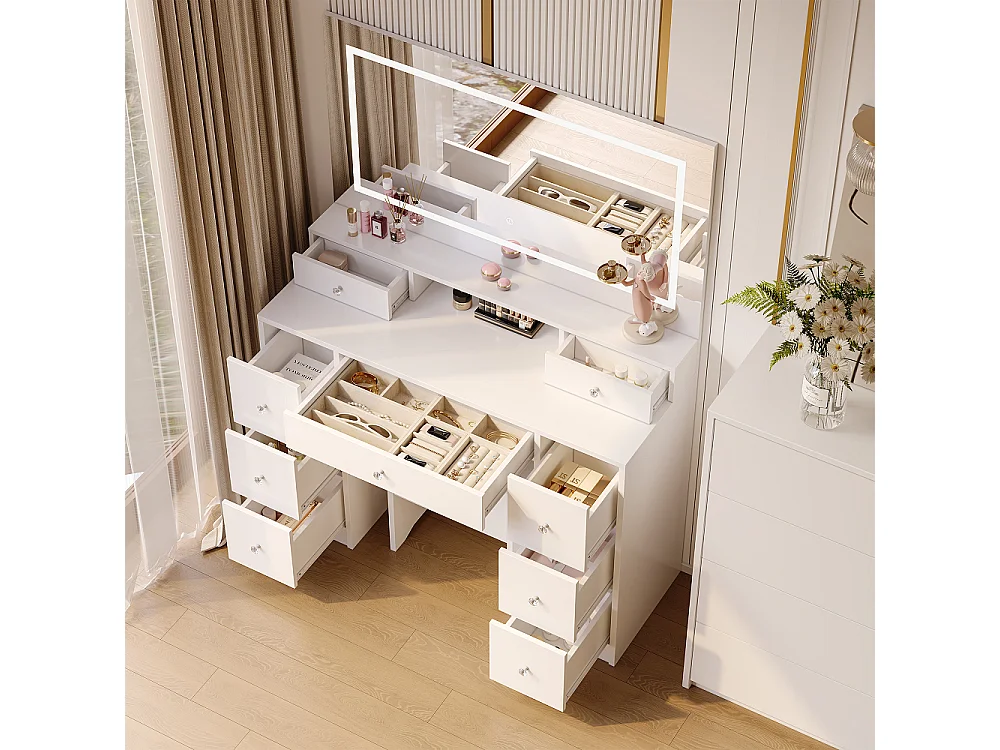 Grand dressing table - 150 x 110 x 40 cm - avec éclairage LED & miroir & 9 tiroirs et tabouret de maquillage - Blanc
