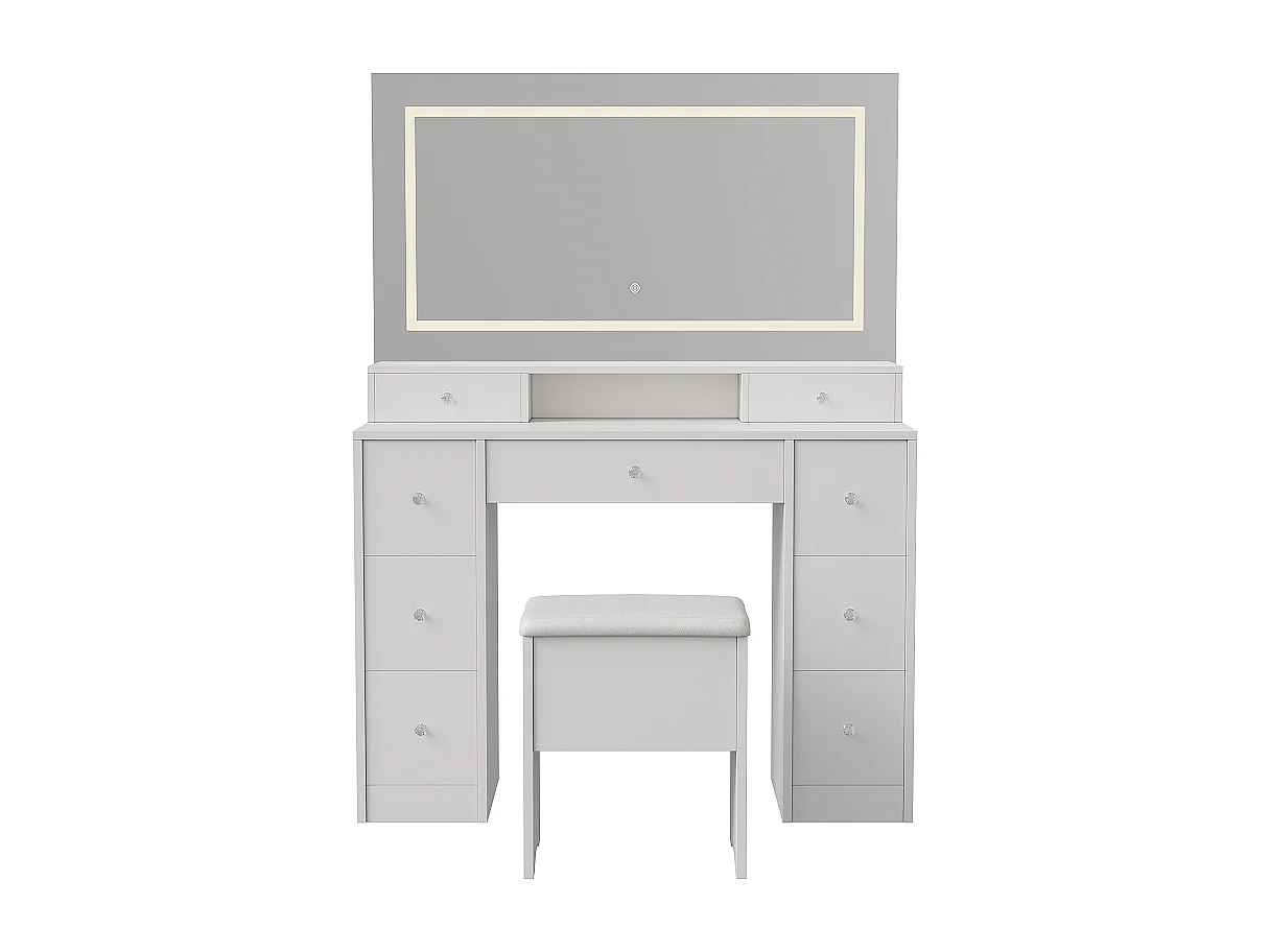 Grand dressing table - 150 x 110 x 40 cm - avec éclairage LED & miroir & 9 tiroirs et tabouret de maquillage - Blanc