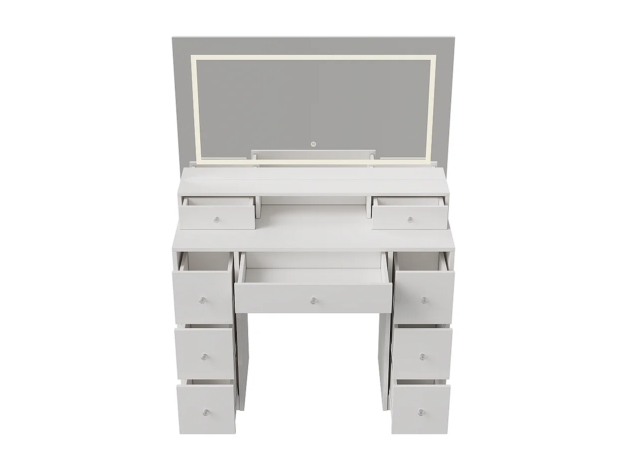 Grand dressing table - 150 x 110 x 40 cm - avec éclairage LED & miroir & 9 tiroirs et tabouret de maquillage - Blanc
