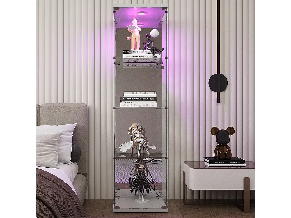 Moderna vitrina de cristal con iluminación LED - Blanca, 36,5 x 42,5 x 164 cm, 1 puerta 4 estantes