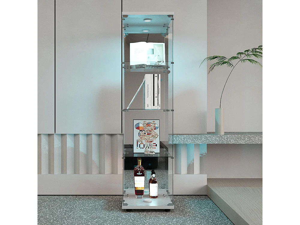 Moderna vitrina de cristal con iluminación LED - Blanca, 36,5 x 42,5 x 164 cm, 1 puerta 4 estantes