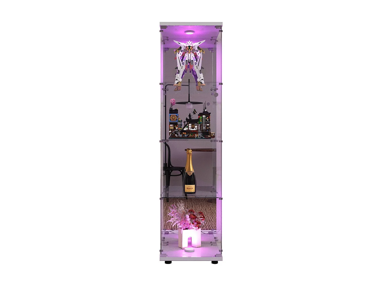Moderna vitrina de cristal con iluminación LED - Blanca, 36,5 x 42,5 x 164 cm, 1 puerta 4 estantes