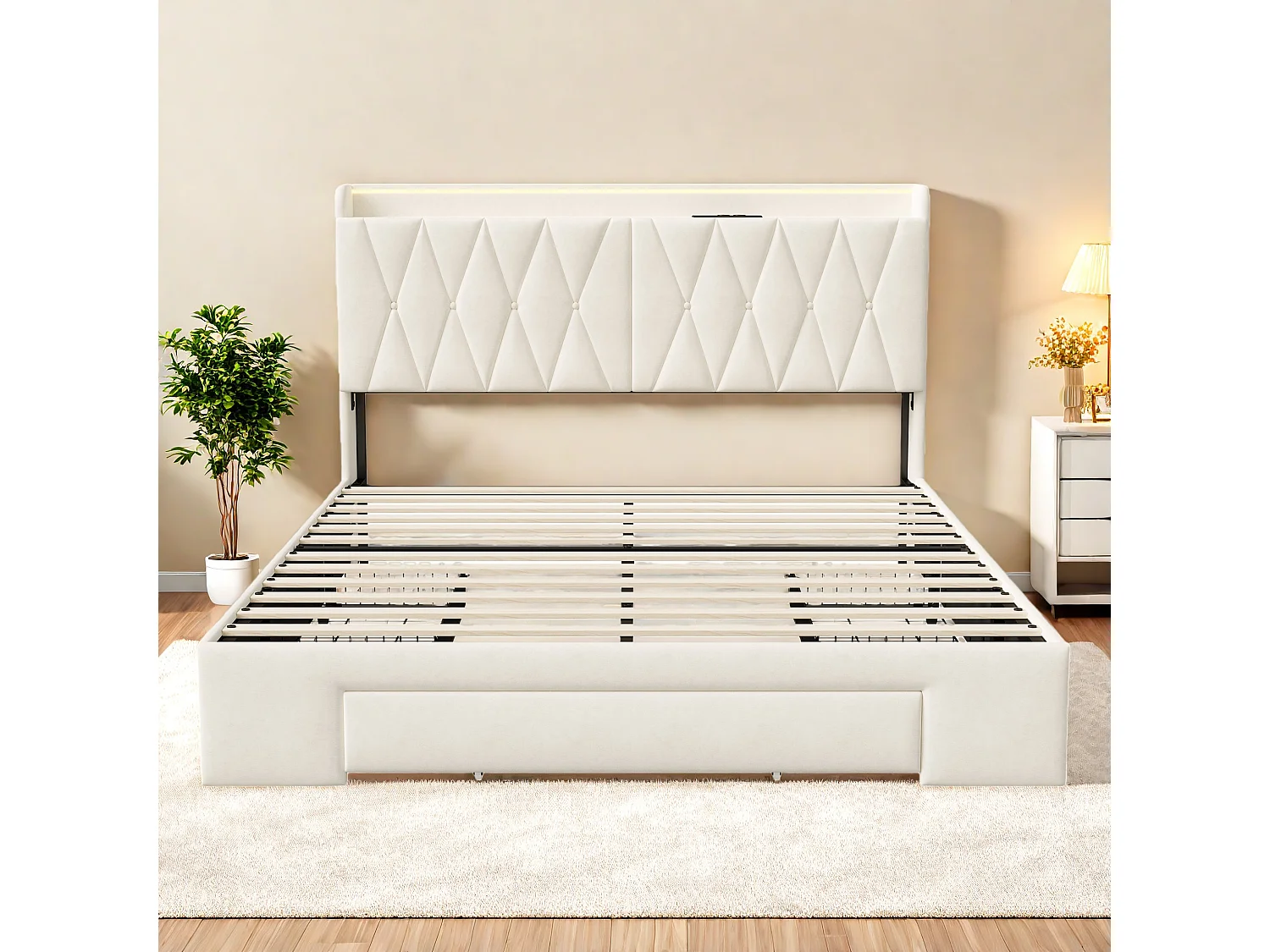 Lit de stockage - 140 x 190 cm - avec 3 tiroirs & éclairage LED & fonction de charge USB + Type-C - Velvet - Beige