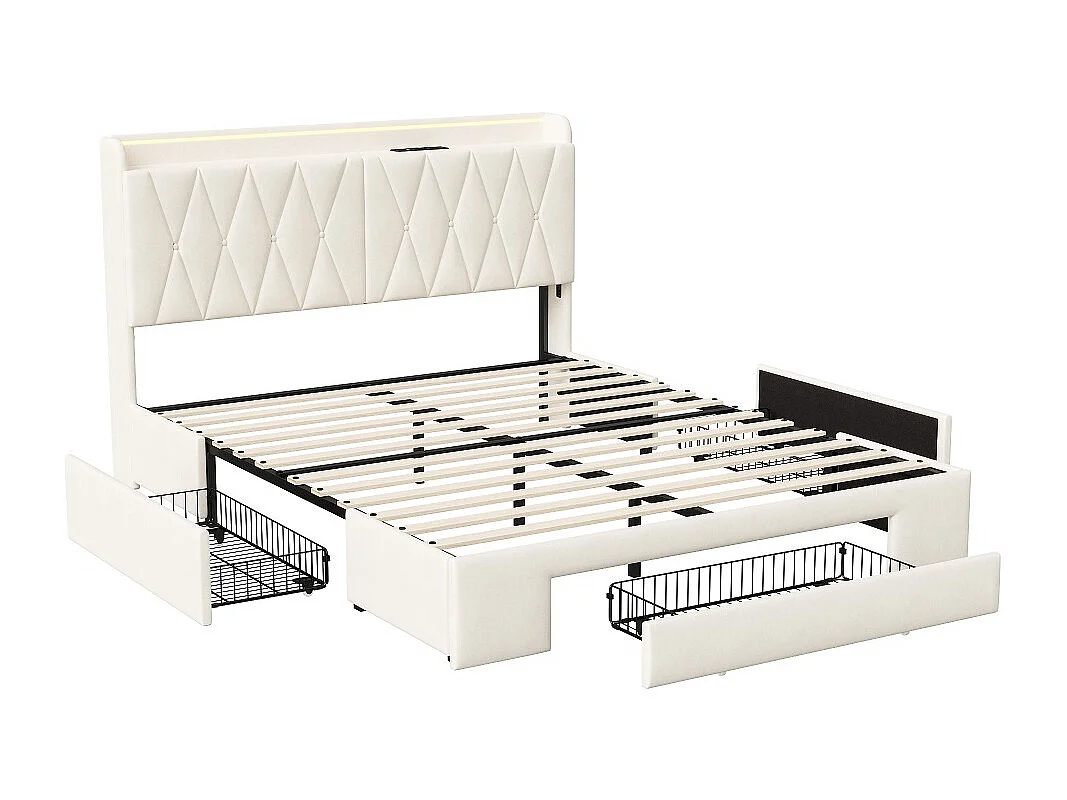 Lit de stockage - 140 x 190 cm - avec 3 tiroirs & éclairage LED & fonction de charge USB + Type-C - Velvet - Beige