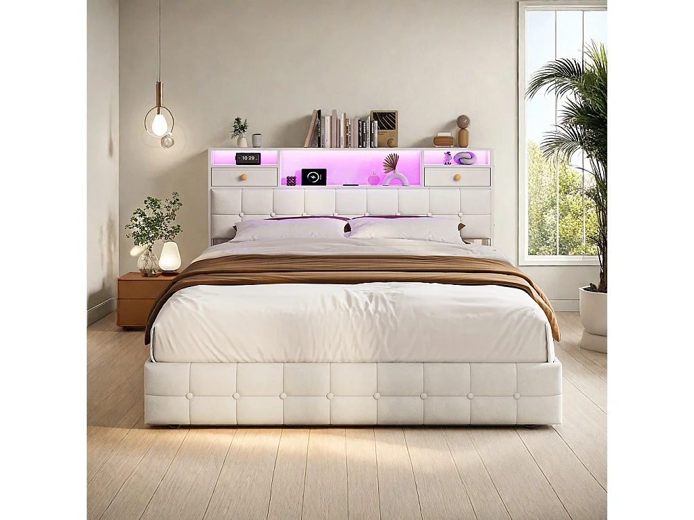 Gepolstertes Aufbewahrungsbett 140x200 cm mit USB-Typ-C-Anschluss, 2 Aufbewahrungsschubladen, 4 Eisenschubladen - Samt - Beige