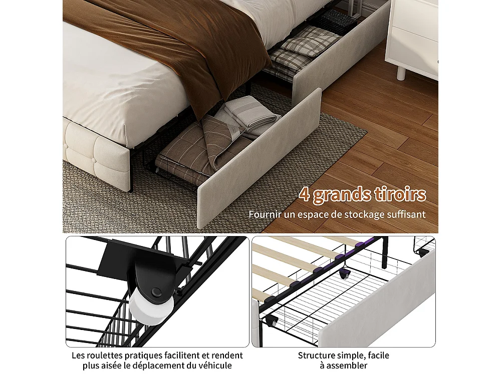 Gepolstertes Aufbewahrungsbett 140x200 cm mit USB-Typ-C-Anschluss, 2 Aufbewahrungsschubladen, 4 Eisenschubladen - Samt - Beige