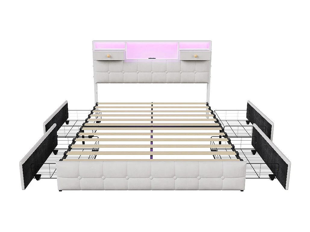 Gepolstertes Aufbewahrungsbett 140x200 cm mit USB-Typ-C-Anschluss, 2 Aufbewahrungsschubladen, 4 Eisenschubladen - Samt - Beige