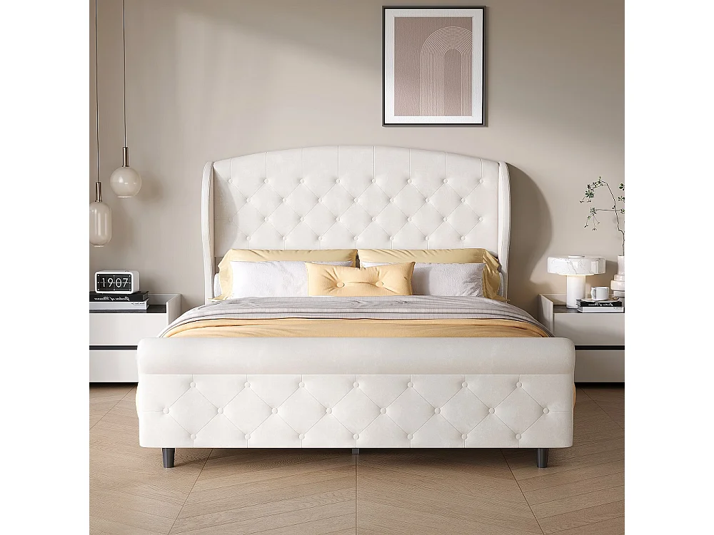 Lit en forme d'onde - 140 x 200 cm - avec tête et pied à l'aile - Velvet - Blanc