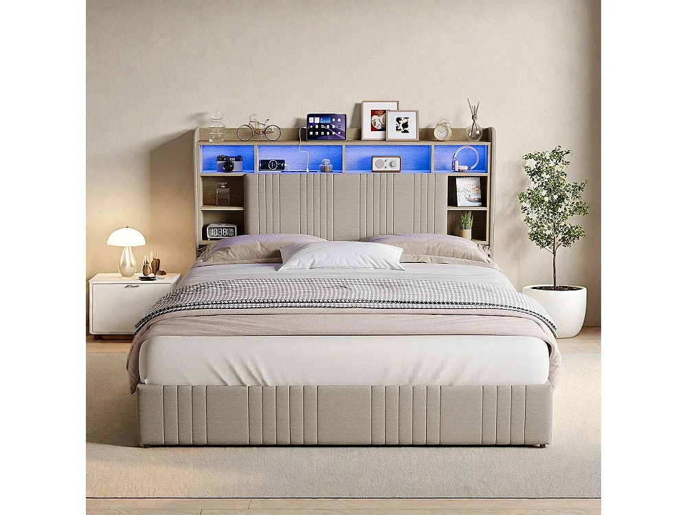 Modernes LED-Aufbewahrungsbett mit Ladestation, 4 Schubladen - 160 x 200 cm - hautfreundliches Leinen - Beige