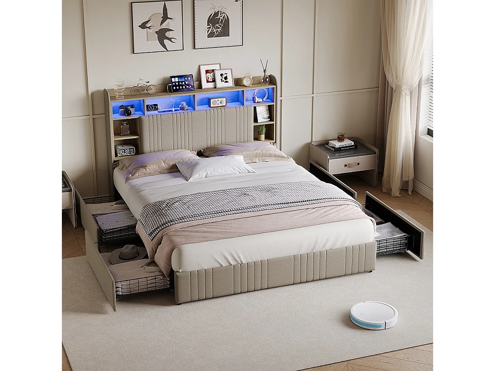 Modernes LED-Aufbewahrungsbett mit Ladestation, 4 Schubladen - 160 x 200 cm - hautfreundliches Leinen - Beige