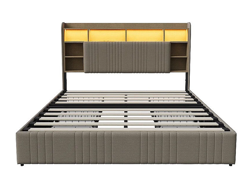 Modernes LED-Aufbewahrungsbett mit Ladestation, 4 Schubladen - 160 x 200 cm - hautfreundliches Leinen - Beige