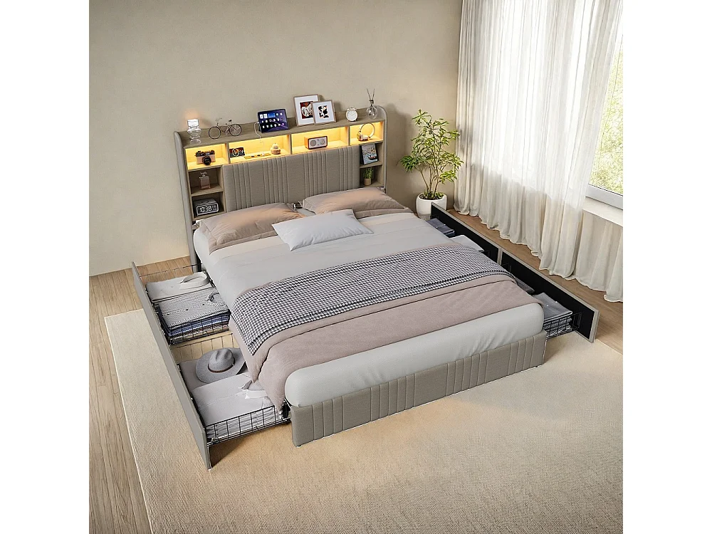 LED-Aufbewahrungsbett - 140 x 200 cm - 4 Schubladen & Ladestation - Leinen - Beige