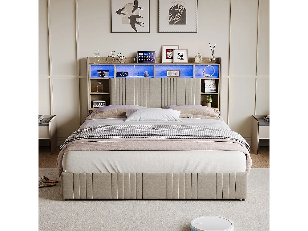 LED-Aufbewahrungsbett - 140 x 200 cm - 4 Schubladen & Ladestation - Leinen - Beige
