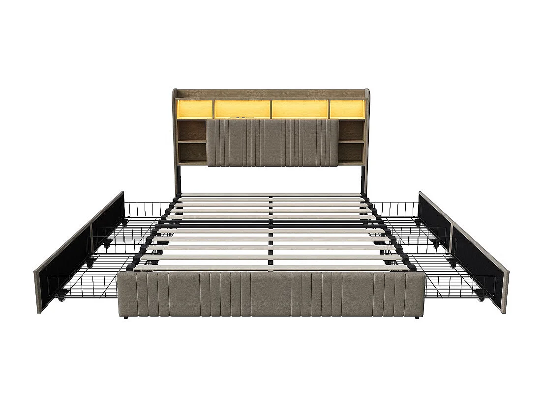 LED-Aufbewahrungsbett - 140 x 200 cm - 4 Schubladen & Ladestation - Leinen - Beige