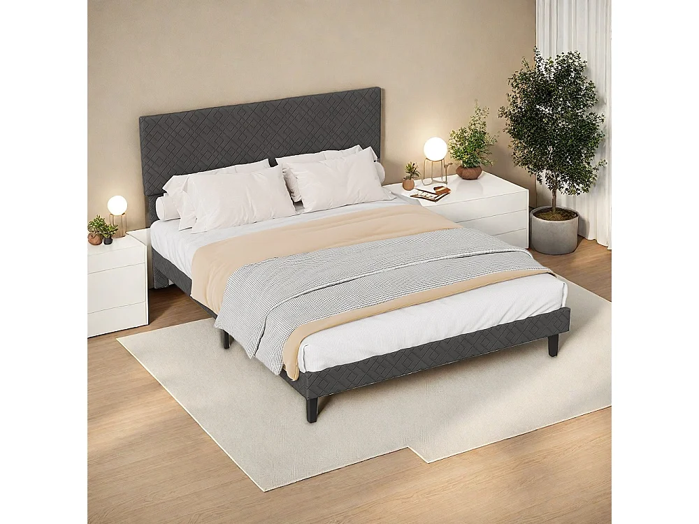 Cadre de lit de plateforme rembourré - 160 x 200 cm - avec tête de lit à motif géométrique - Linge - gris