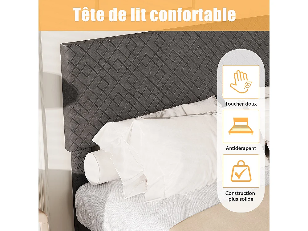 Cadre de lit de plateforme rembourré - 160 x 200 cm - avec tête de lit à motif géométrique - Linge - gris