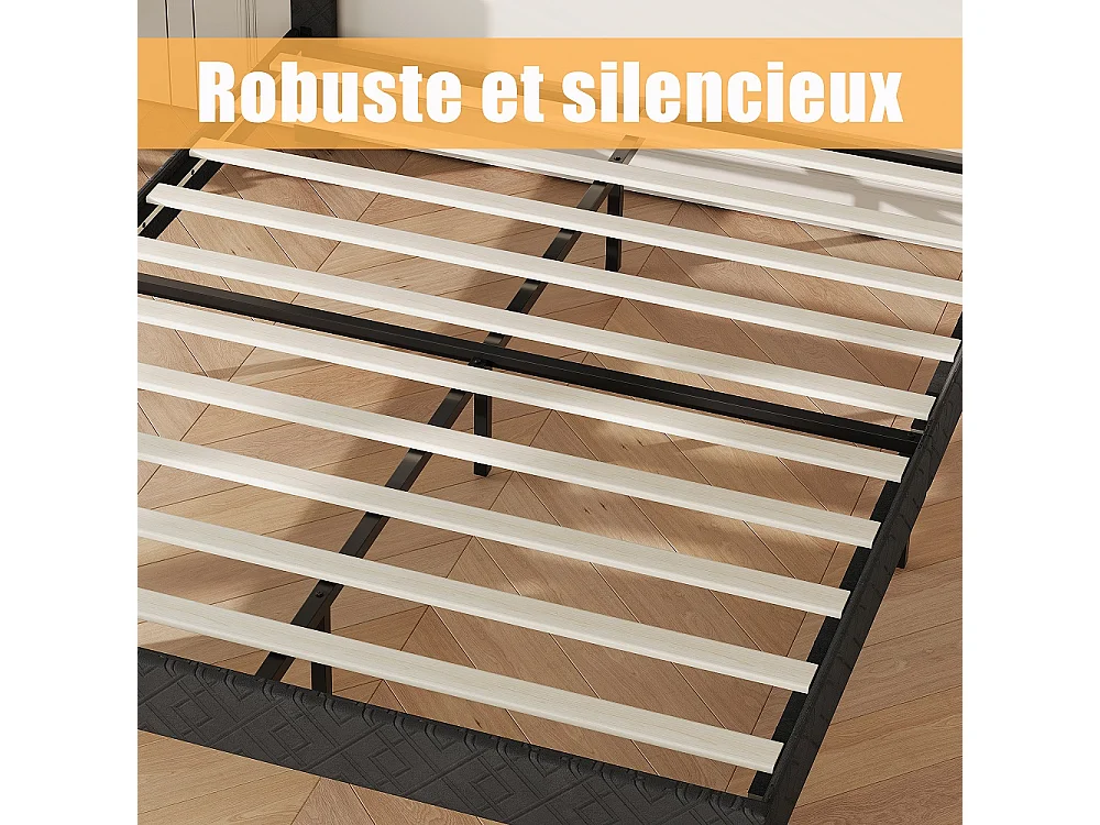 Cadre de lit de plateforme rembourré - 160 x 200 cm - avec tête de lit à motif géométrique - Linge - gris