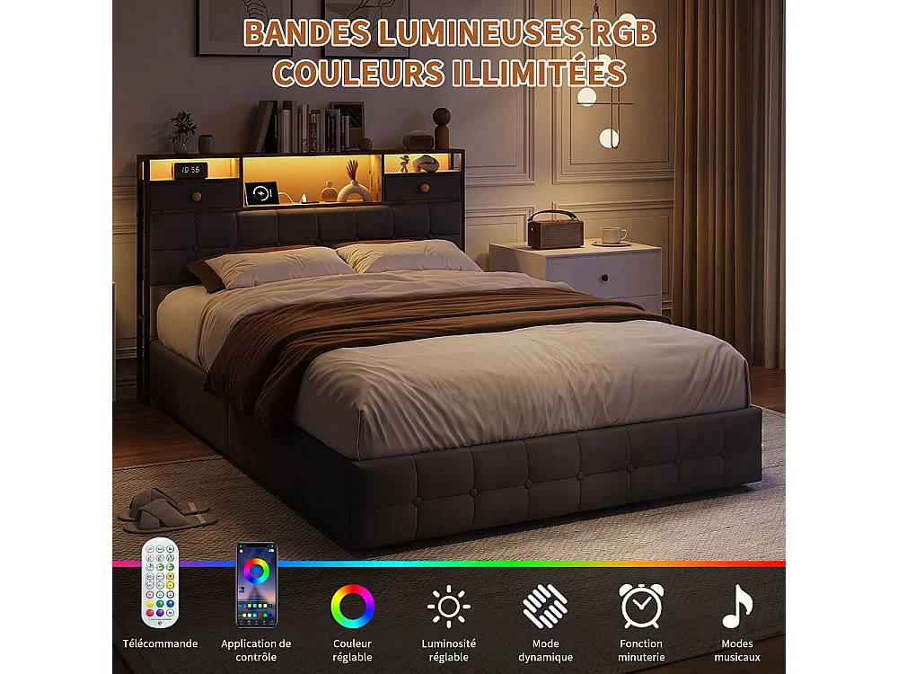 Stockage Lit rembourré - 160 x 200 cm - avec port de charge USB Type-C et 2 tiroirs de stockage Cabinet et 4 tiroirs en fer - Velvet - gris