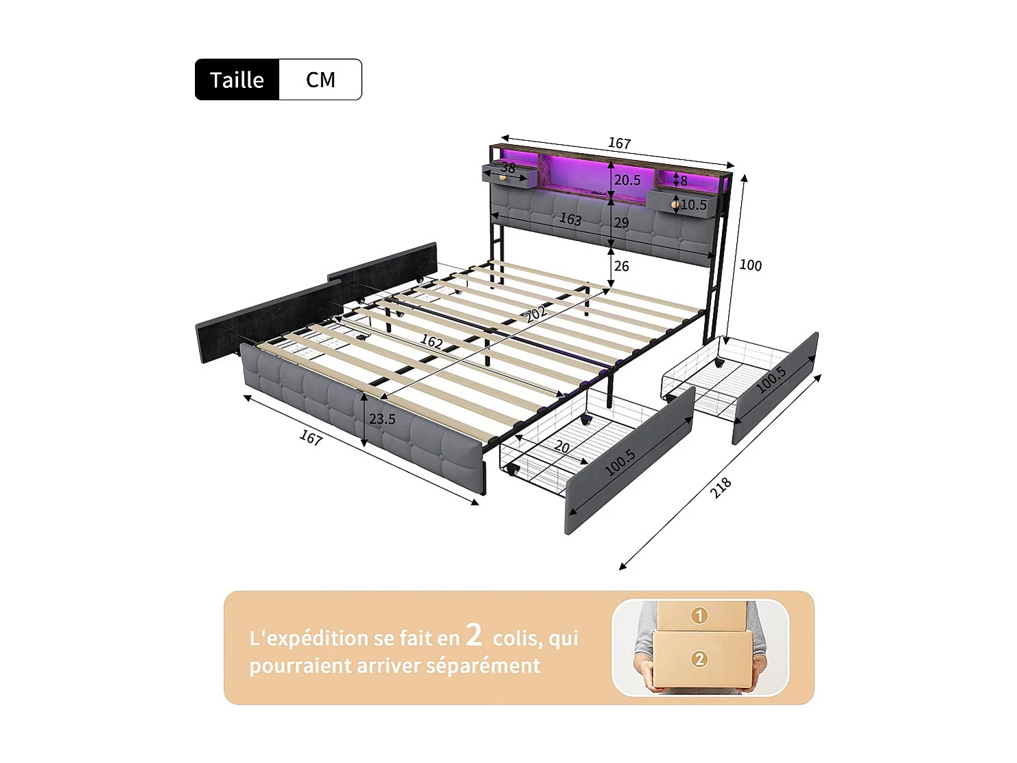 Stockage Lit rembourré - 160 x 200 cm - avec port de charge USB Type-C et 2 tiroirs de stockage Cabinet et 4 tiroirs en fer - Velvet - gris