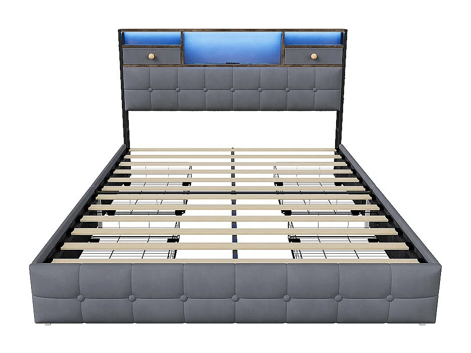 Stockage Lit rembourré - 160 x 200 cm - avec port de charge USB Type-C et 2 tiroirs de stockage Cabinet et 4 tiroirs en fer - Velvet - gris