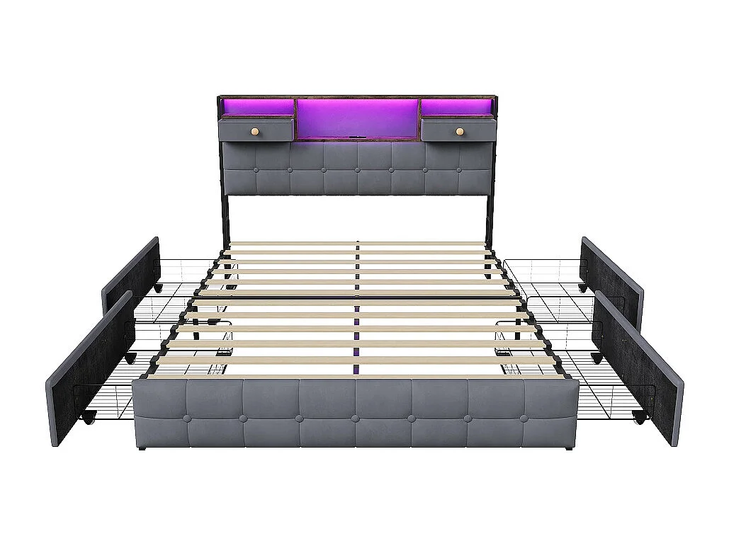 Stockage Lit rembourré - 160 x 200 cm - avec port de charge USB Type-C et 2 tiroirs de stockage Cabinet et 4 tiroirs en fer - Velvet - gris