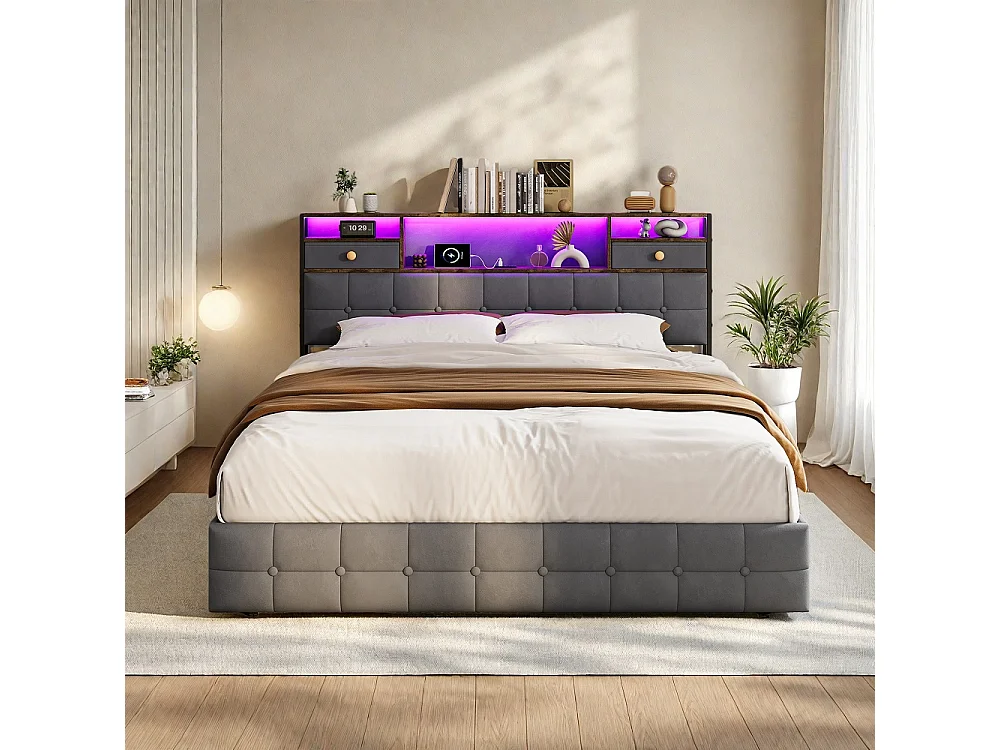 Stockage Lit rembourré - 140 x 200 cm - avec port de charge USB Type-C et 2 tiroirs de stockage Cabinet et 4 tiroirs en fer - Velvet - gris