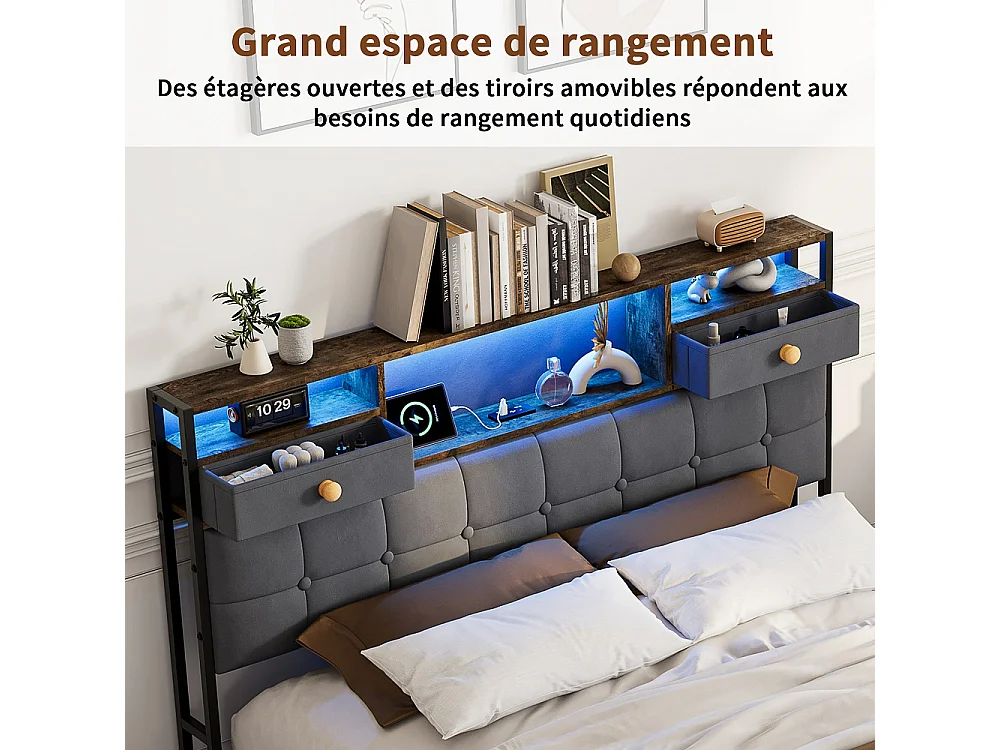 Stockage Lit rembourré - 140 x 200 cm - avec port de charge USB Type-C et 2 tiroirs de stockage Cabinet et 4 tiroirs en fer - Velvet - gris