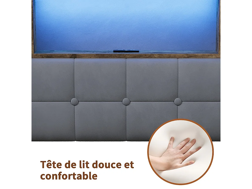 Stockage Lit rembourré - 140 x 200 cm - avec port de charge USB Type-C et 2 tiroirs de stockage Cabinet et 4 tiroirs en fer - Velvet - gris