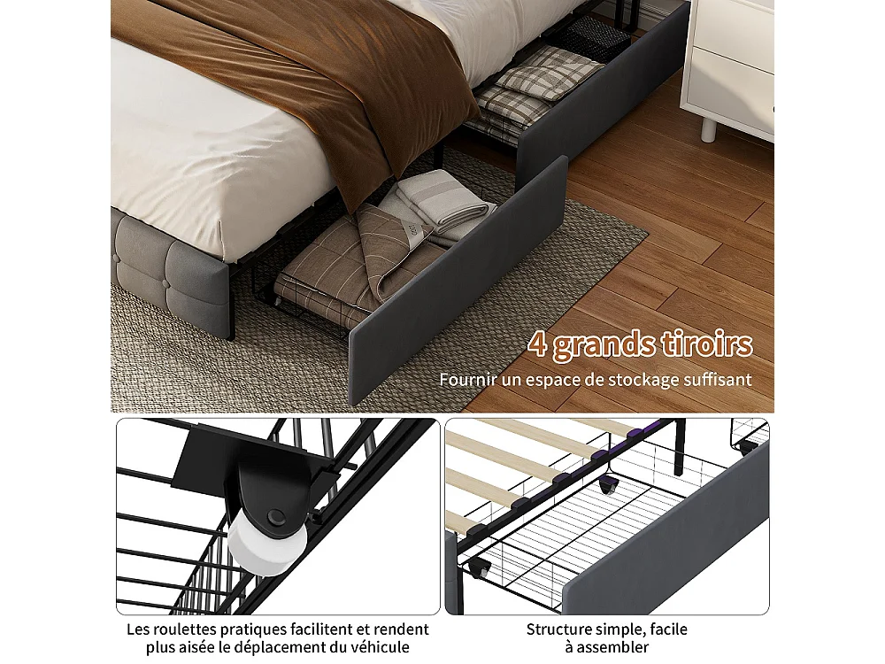 Stockage Lit rembourré - 140 x 200 cm - avec port de charge USB Type-C et 2 tiroirs de stockage Cabinet et 4 tiroirs en fer - Velvet - gris