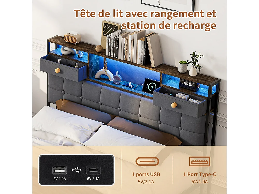 Stockage Lit rembourré - 140 x 200 cm - avec port de charge USB Type-C et 2 tiroirs de stockage Cabinet et 4 tiroirs en fer - Velvet - gris
