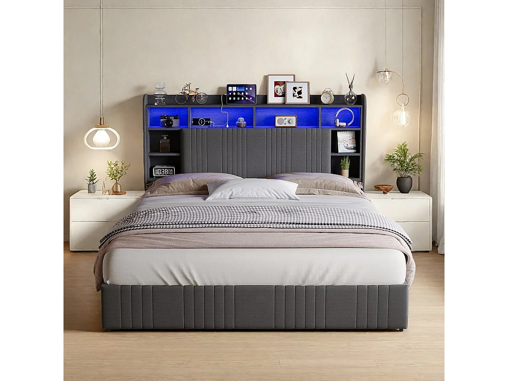 Lit de rangement - 160 x 200 cm - avec lumières LED & station de charge & tête de rangement & 4 tiroirs - Linge de maison - gris
