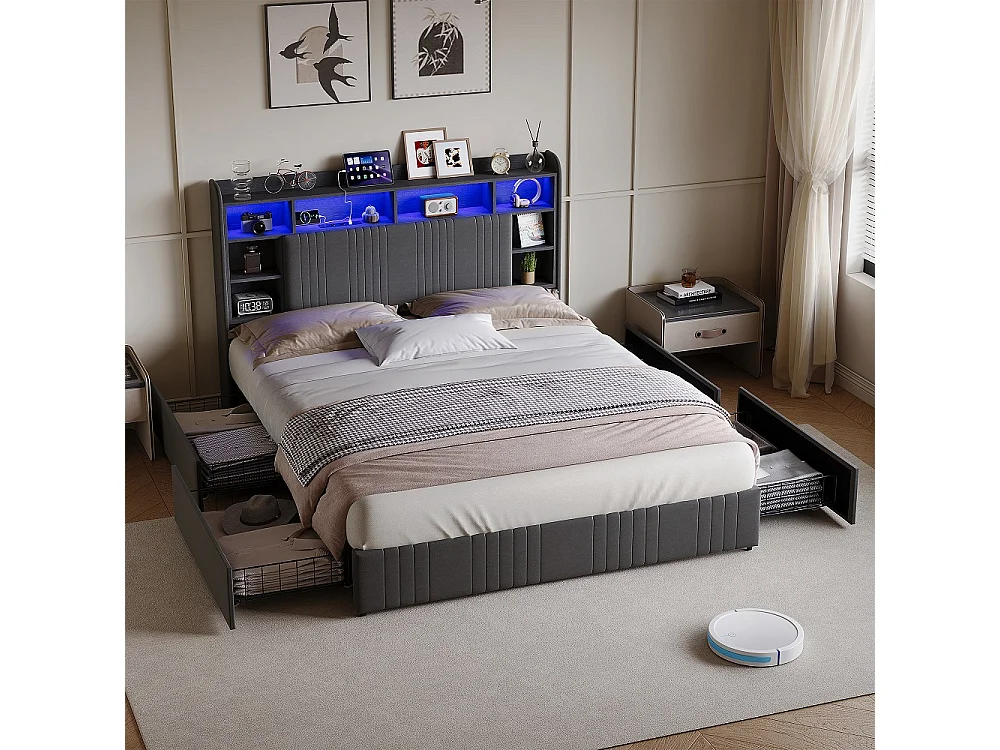 Lit de rangement - 160 x 200 cm - avec lumières LED & station de charge & tête de rangement & 4 tiroirs - Linge de maison - gris