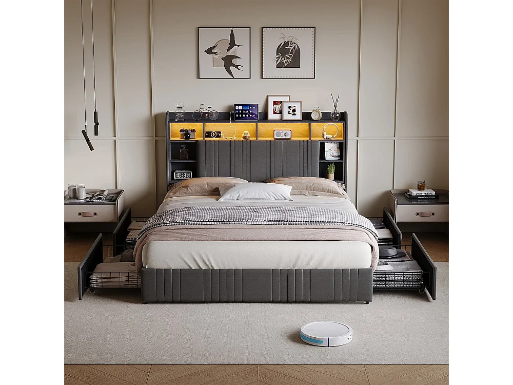 Lit de rangement - 160 x 200 cm - avec lumières LED & station de charge & tête de rangement & 4 tiroirs - Linge de maison - gris