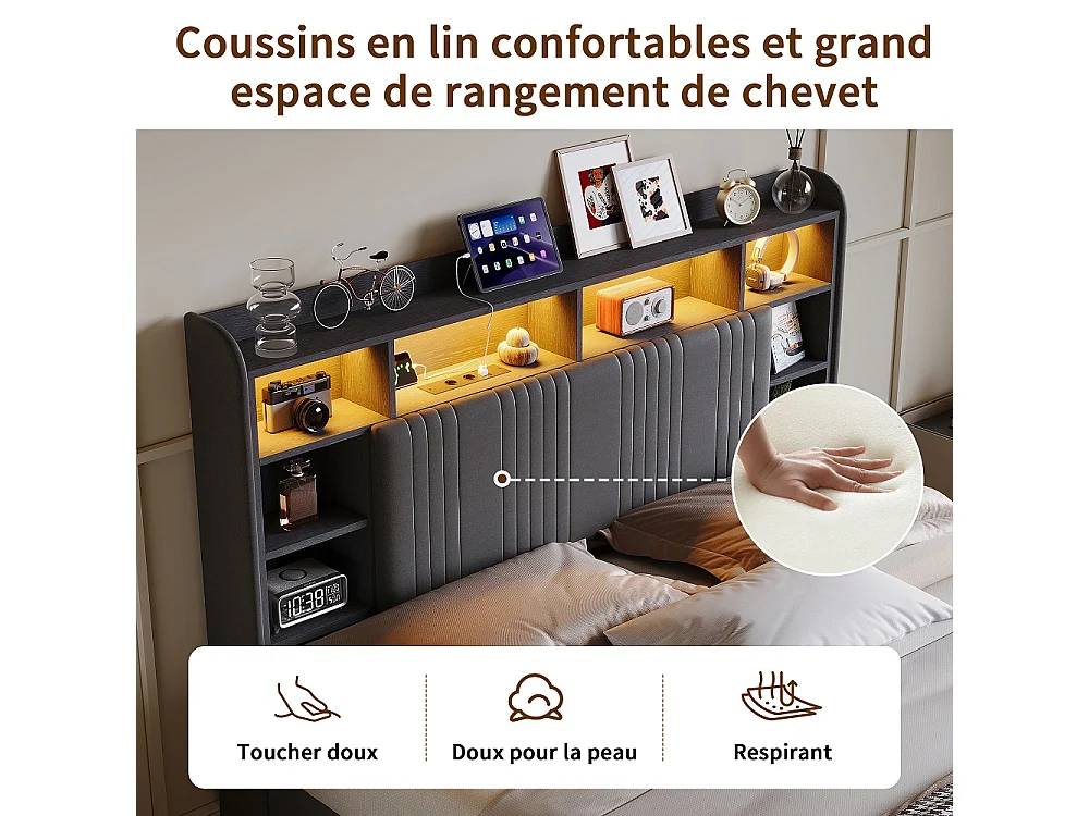 Lit de rangement - 160 x 200 cm - avec lumières LED & station de charge & tête de rangement & 4 tiroirs - Linge de maison - gris