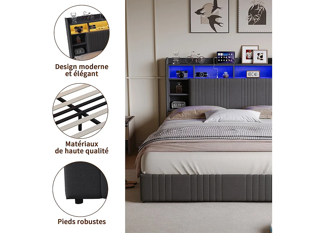 Lit de rangement - 160 x 200 cm - avec lumières LED & station de charge & tête de rangement & 4 tiroirs - Linge de maison - gris