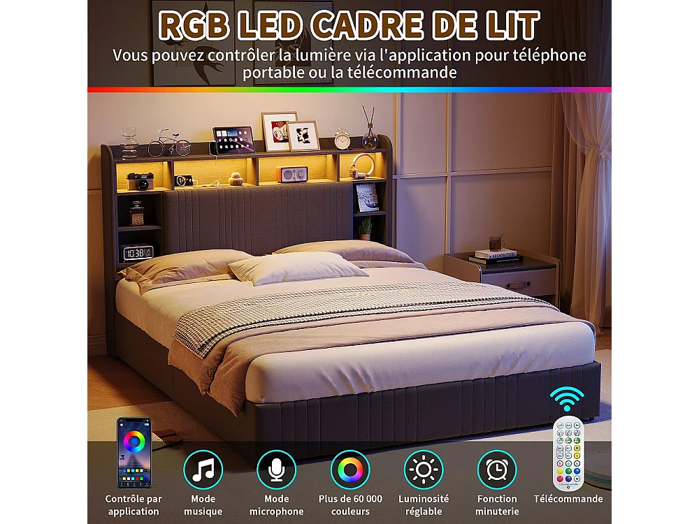 Lit de rangement - 160 x 200 cm - avec lumières LED & station de charge & tête de rangement & 4 tiroirs - Linge de maison - gris