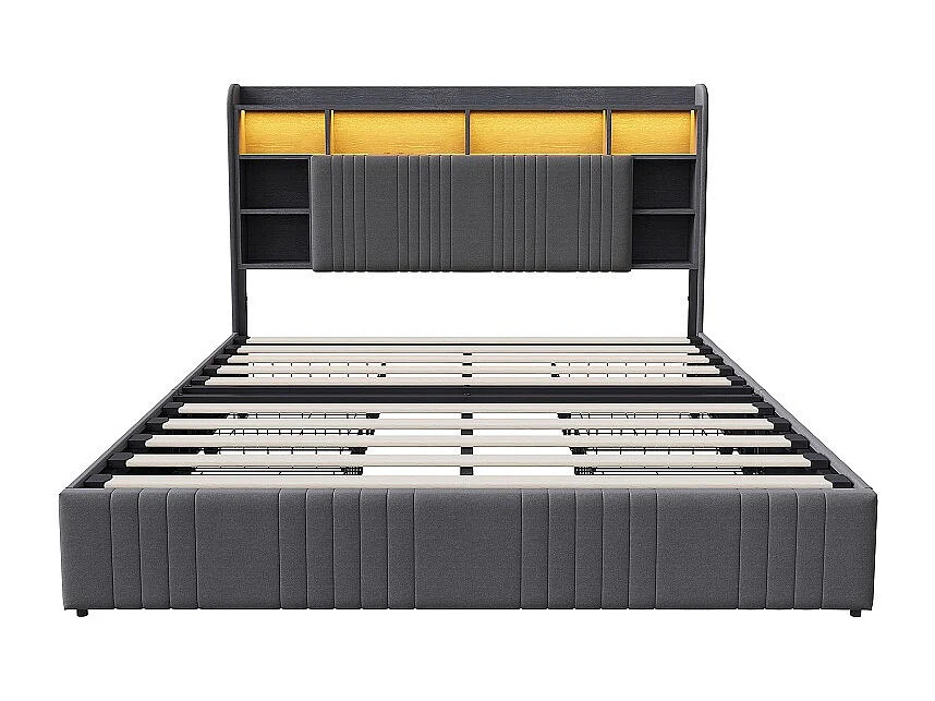Lit de rangement - 160 x 200 cm - avec lumières LED & station de charge & tête de rangement & 4 tiroirs - Linge de maison - gris